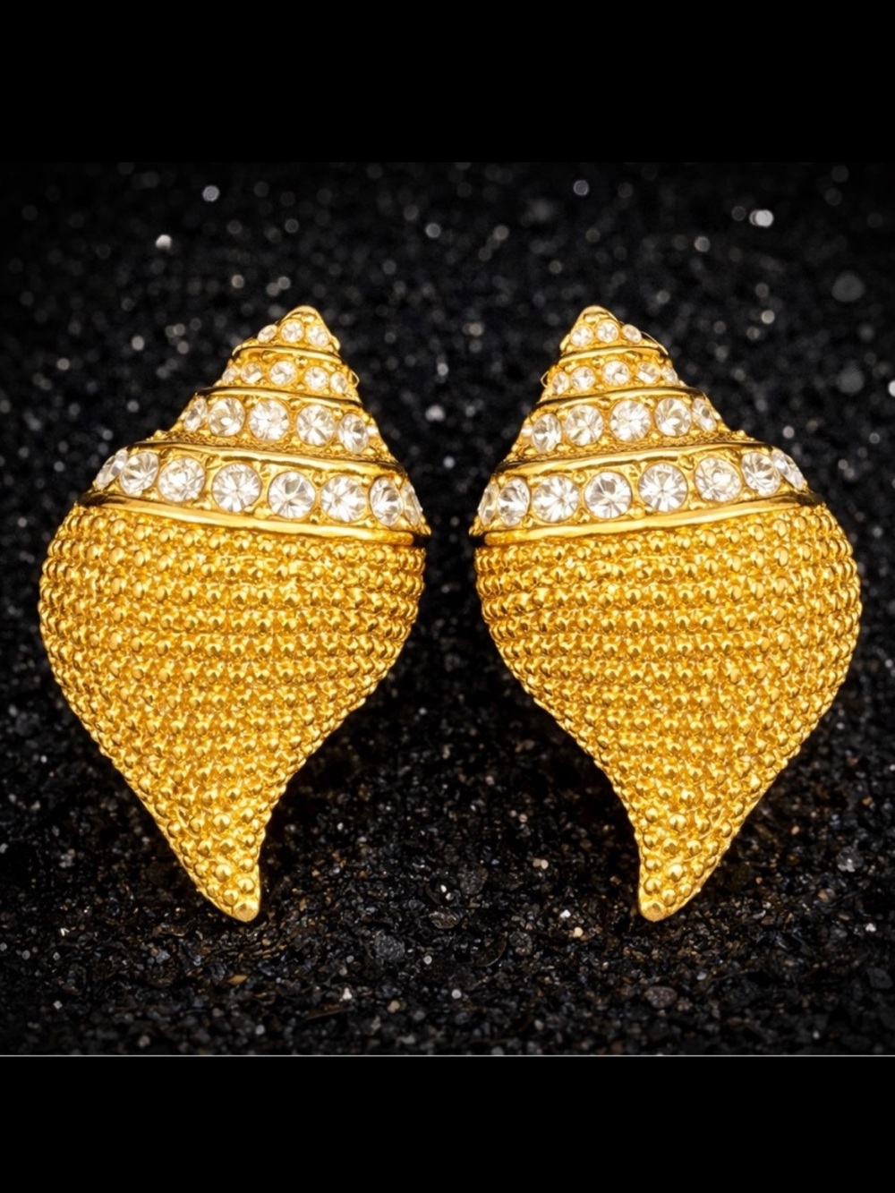 Kenneth Jay Lane KJL Seashell Gold Crystal Shell clip on earrings vintage QVC